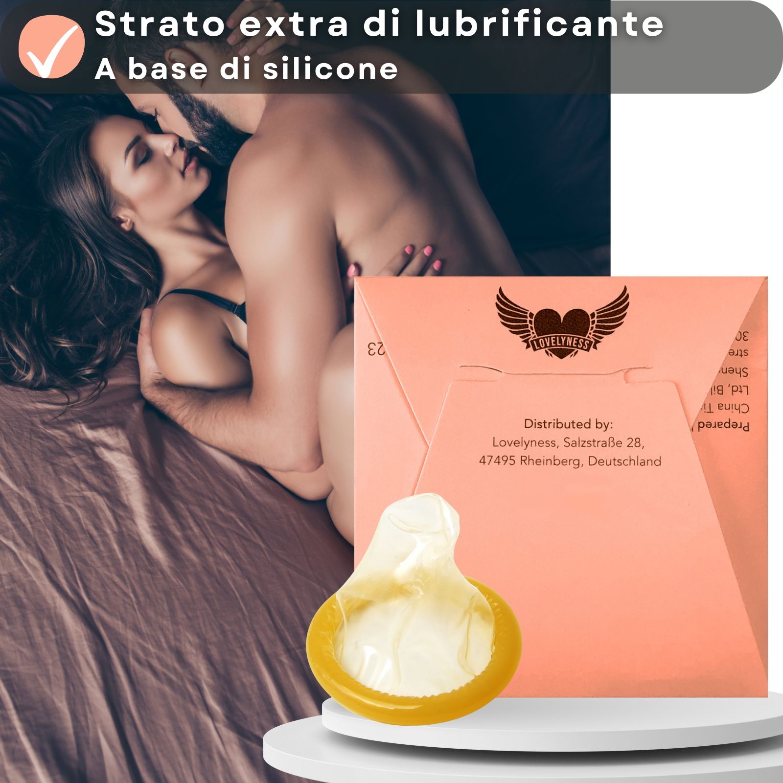Confezione e preservativo. Testo: Strato extra di lubrificante a base di silicone.