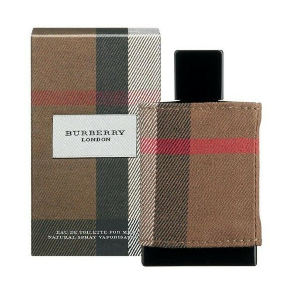 Burberry London Men Eau de Toilette Spray e confezione. Flacone con tessuto a quadri. Scatola marrone con logo.