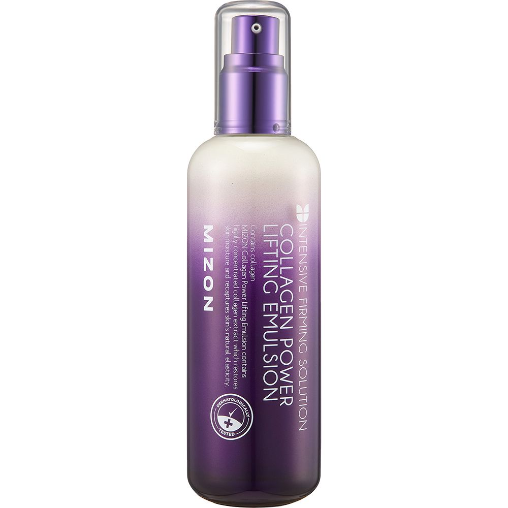 Flacone MIZON Collagen Power Lifting Emulsion. Testo: Collagen Power Lifting Emulsion. Vista dettagliata.