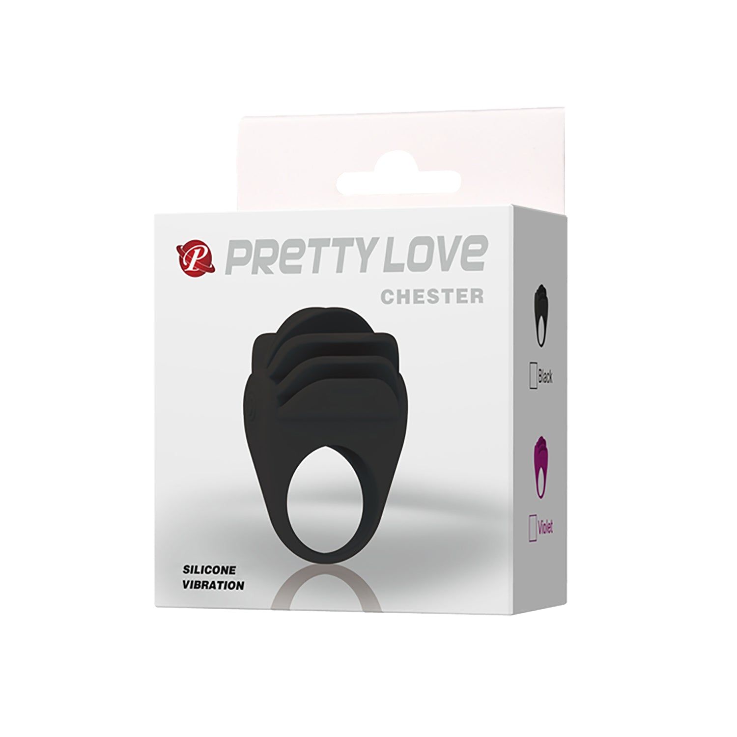 Confezione con nome prodotto 'CHESTER' e marchio 'PRETTY LOVE'. Opzioni colore: nero, viola.