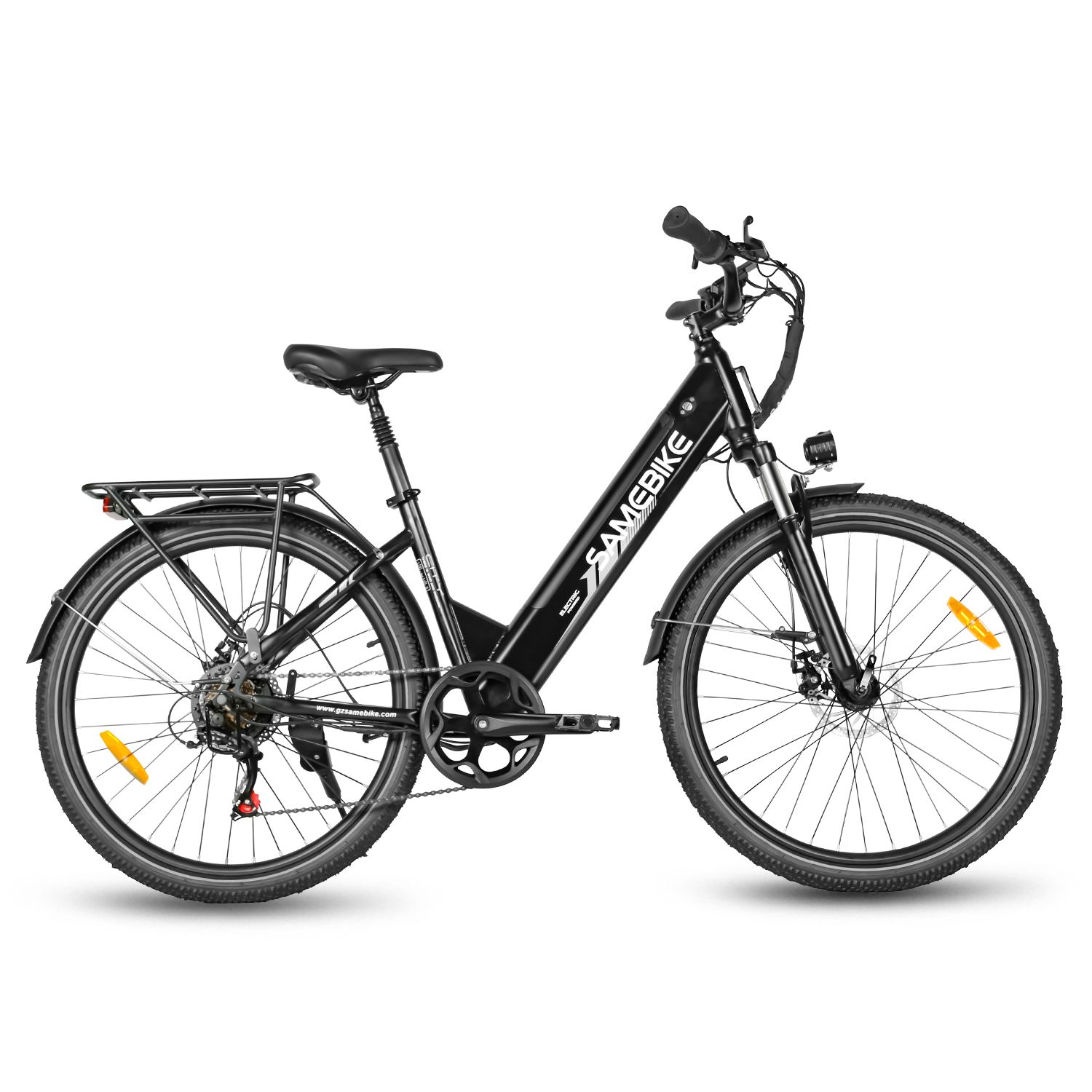 E-bike nera SAMEBIKE RS-A01 Pro-T. Portapacchi, parafanghi, fari e fanali posteriori.