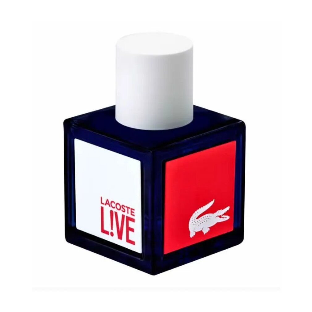 Flacone Lacoste Live Eau de Toilette Pour Homme, blu scuro con accenti rossi e bianchi.