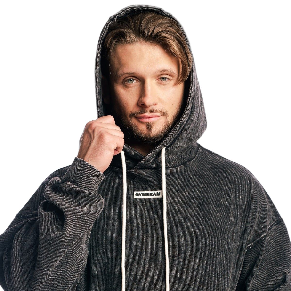 GymBeam Felpa uomo oversize con cappuccio e tasca Aura Washed Black