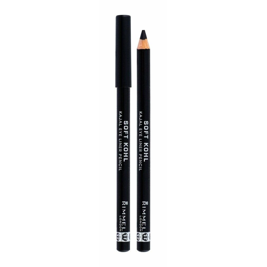 Due matite kajal nere. Scritta: Soft Khol Kajal Eye Liner Pencil. Marchio: Rimmel London.