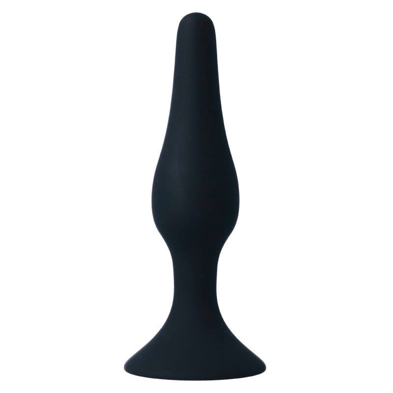 Plug anale nero con base larga e piatta, e forma conica.