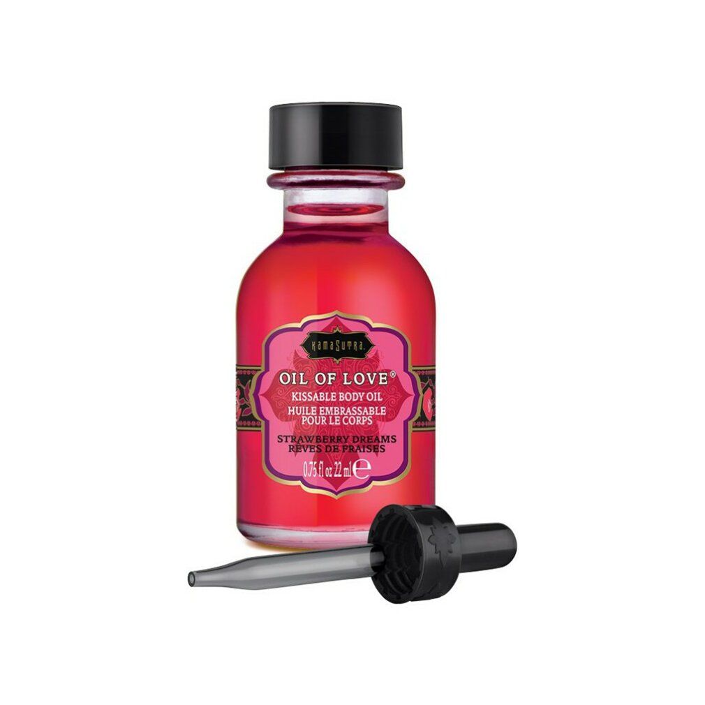 Olio rosso in bottiglia di vetro con tappo nero e pipetta. Scritta: OIL OF LOVE. Nome prodotto: Strawberry Dreams.