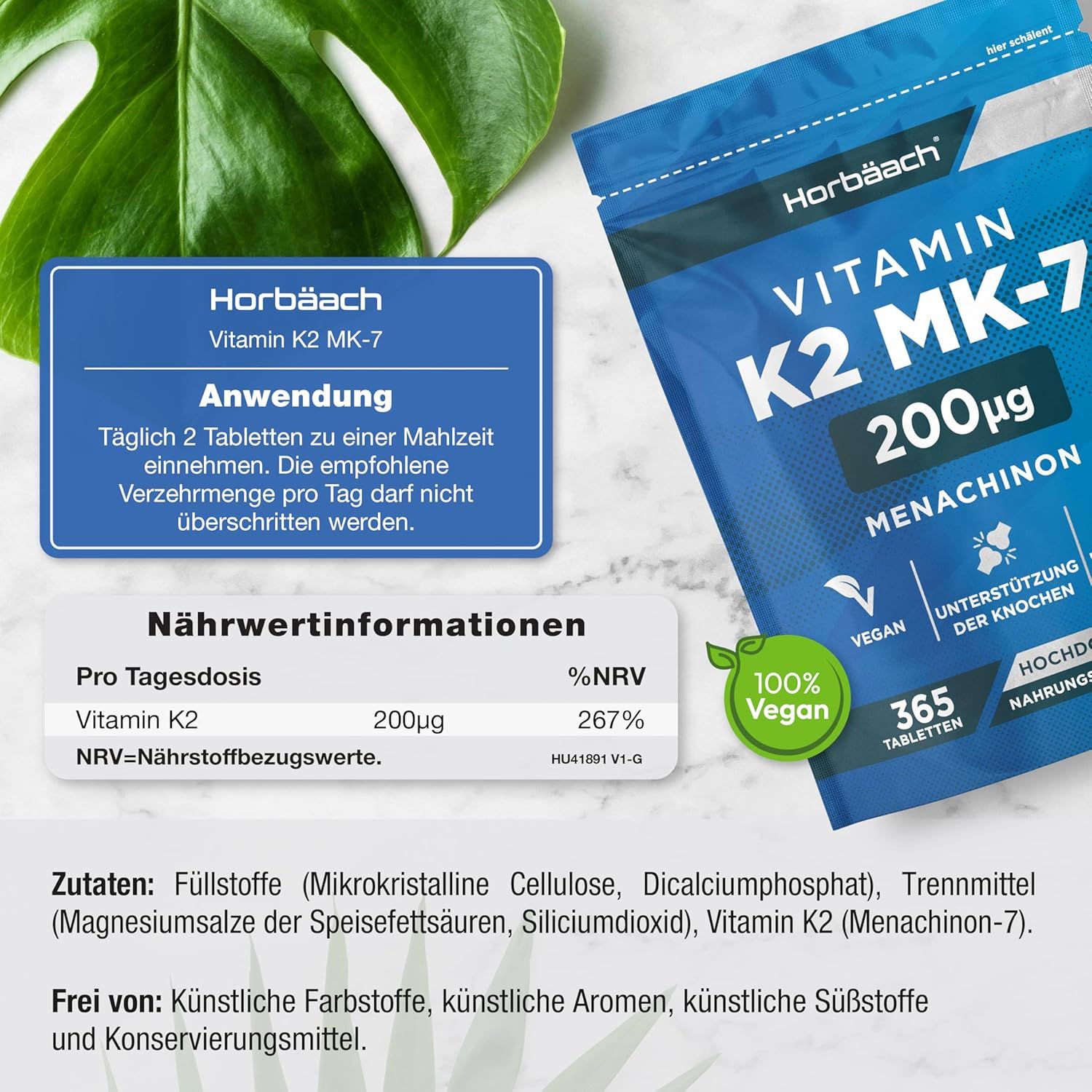 Confezione blu Horbaach Vitamina K2 MK-7, 200µg, 365 compresse. Informazioni nutrizionali e ingredienti.