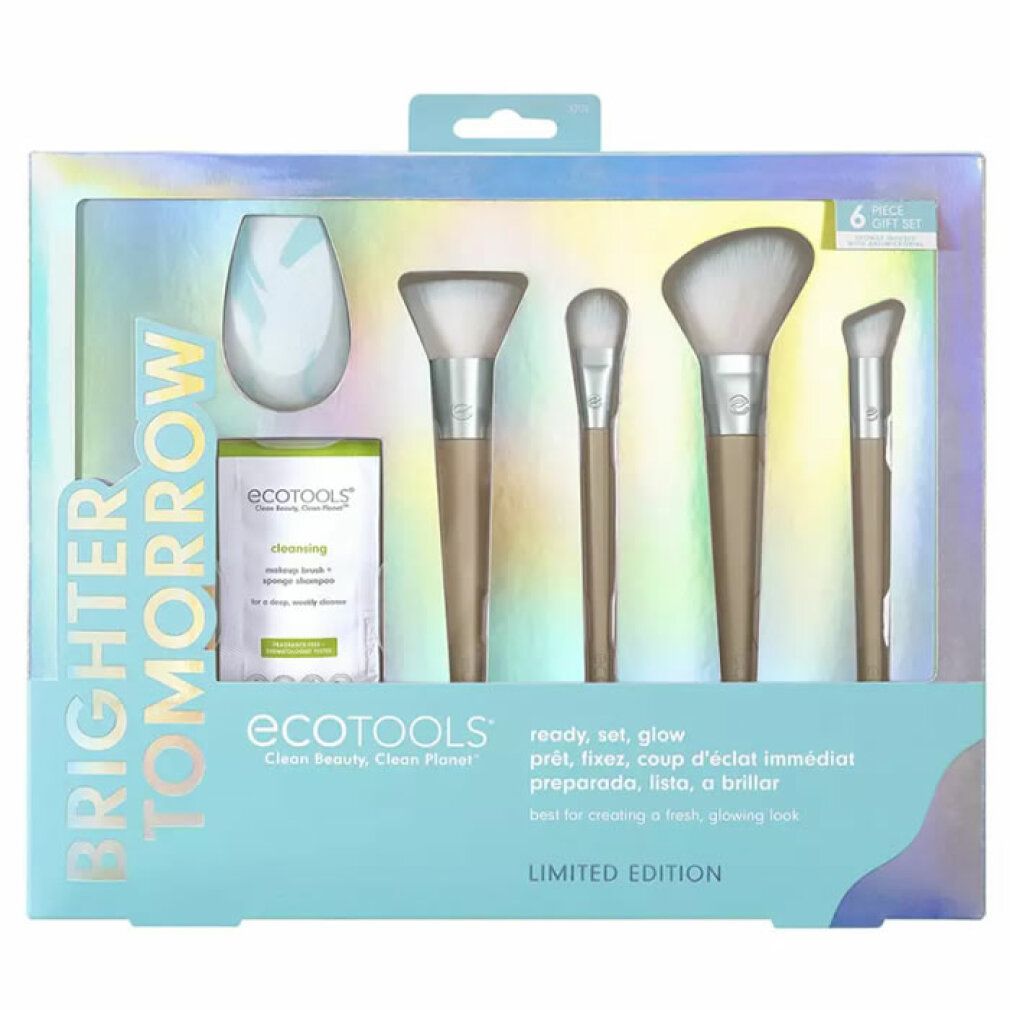 Set regalo con pennelli, spugna e prodotto detergente. Confezione con nome del prodotto e scritta "Brighter Tomorrow".