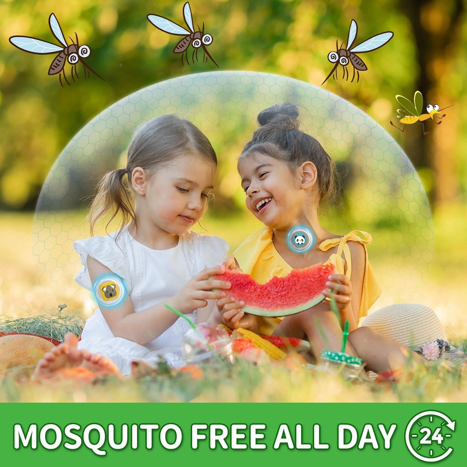 Due ragazze con cerotti antizanzare. Testo: "MOSQUITO FREE ALL DAY". Illustrazioni di zanzare.
