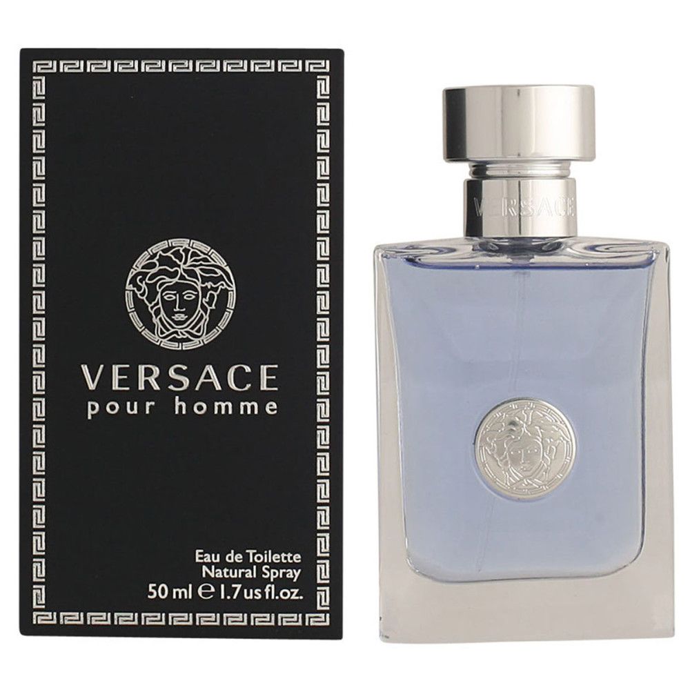 Scatola nera e flacone. Sulla scatola: Versace Pour Homme, logo Medusa. Flacone: liquido azzurro, tappo argentato.