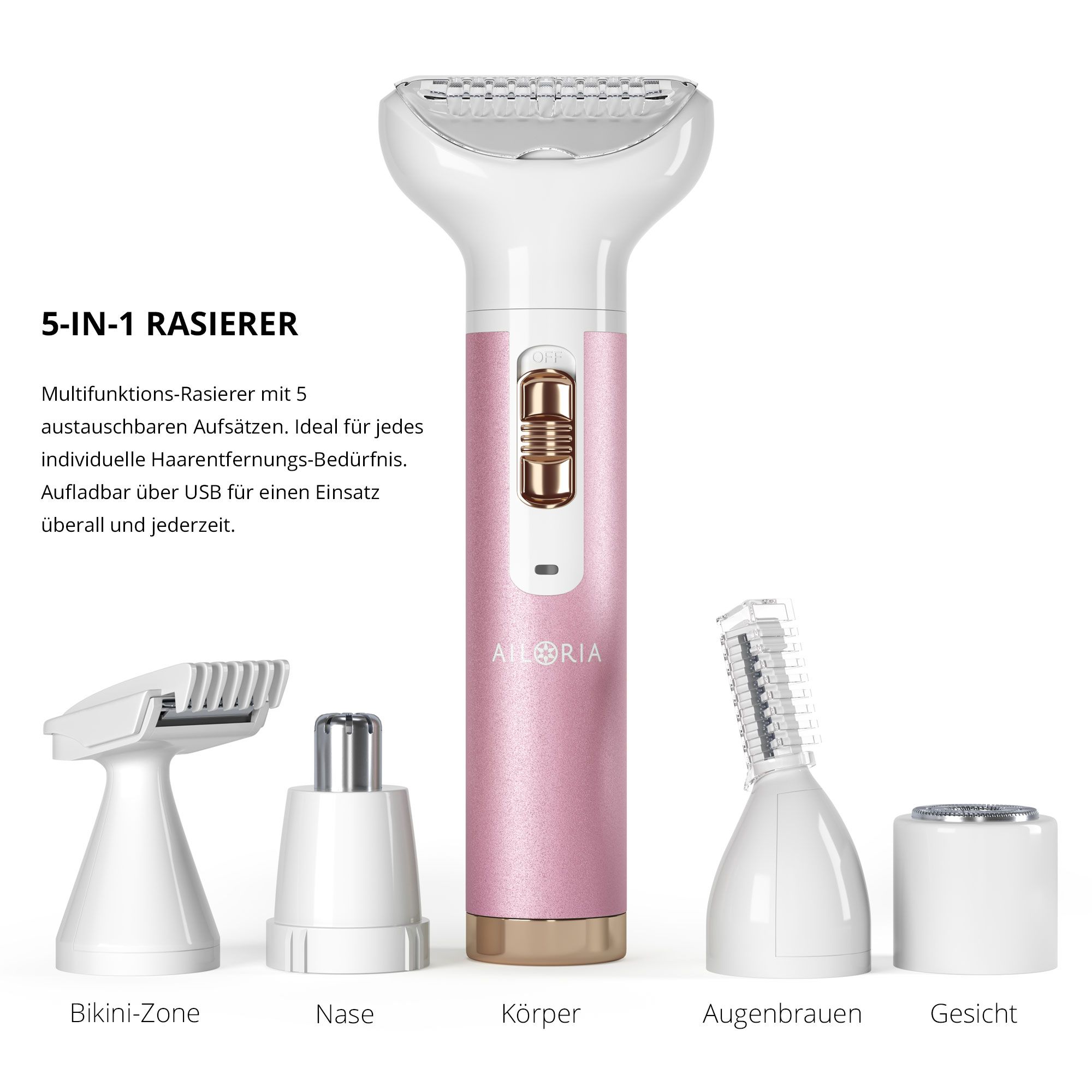 Rasoio rosa con 4 accessori. Accessori per zona bikini, naso, corpo, sopracciglia e viso.