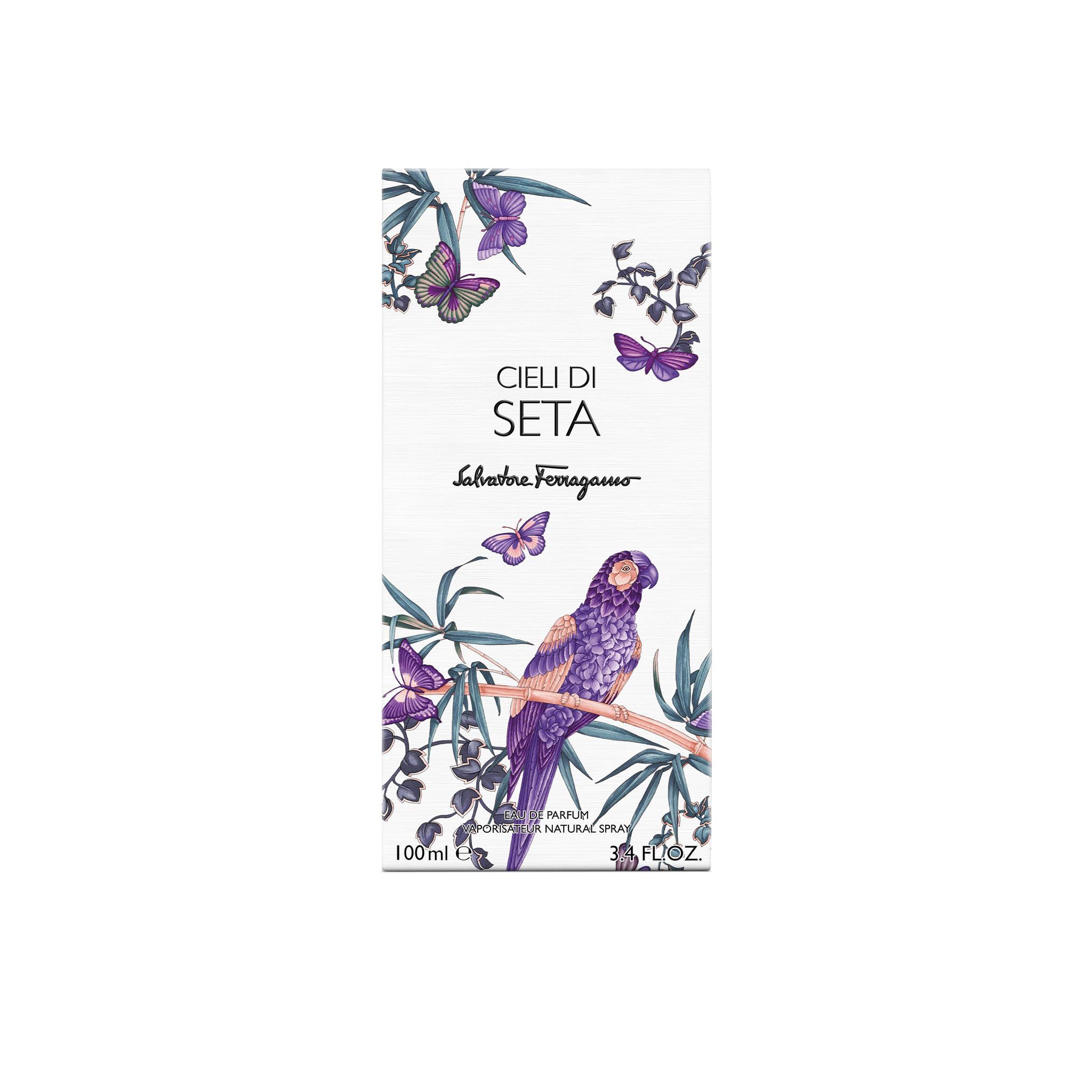 Confezione Salvatore Ferragamo Cieli di Seta EdP Nat. Spray. Scatola rettangolare con uccello, farfalle ed elementi floreali. 100ml.