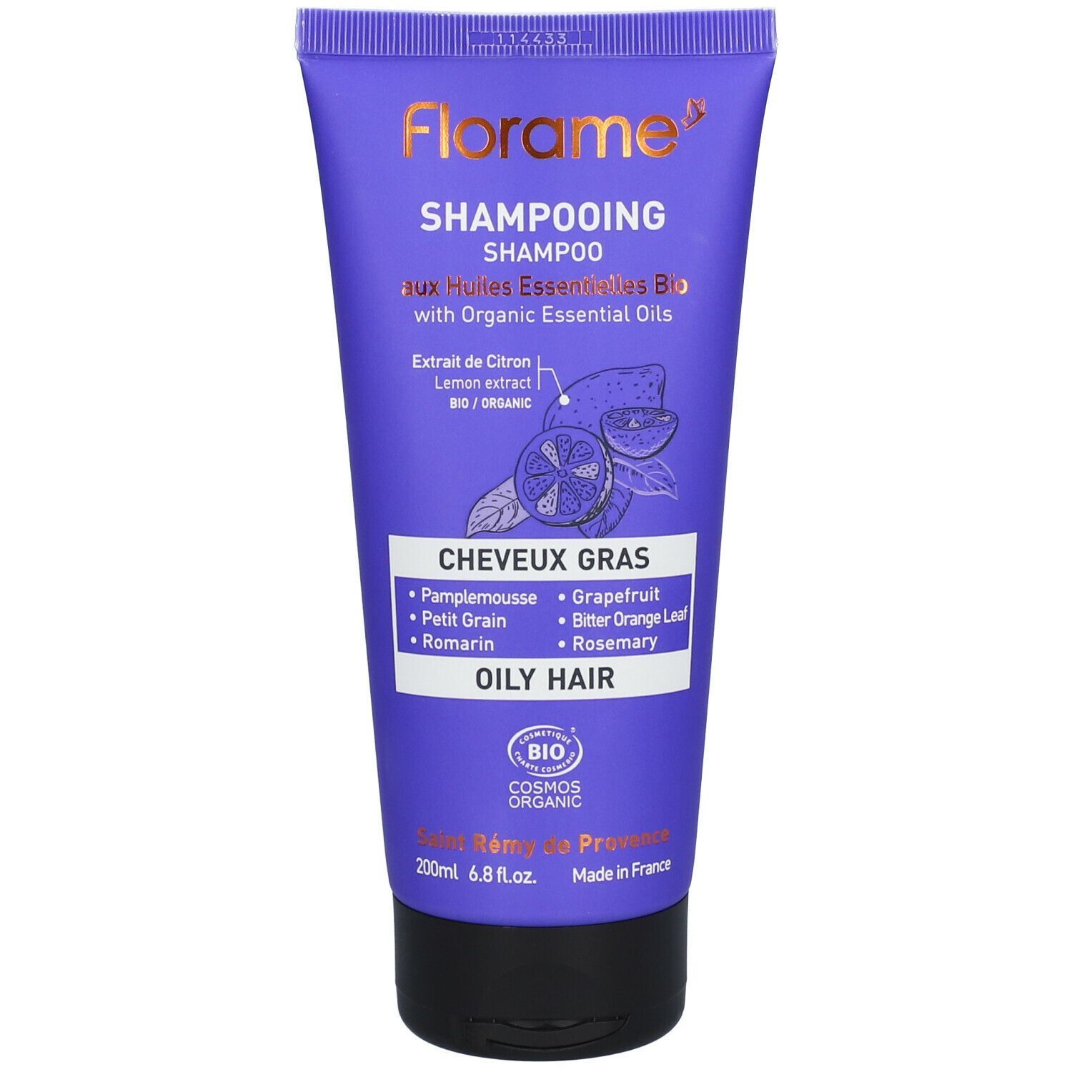 Tubo viola Florame Shampoo per capelli grassi. Ingredienti bio. Testo: "Cheveux Gras", "200ml", "Huiles Essentielles Bio".