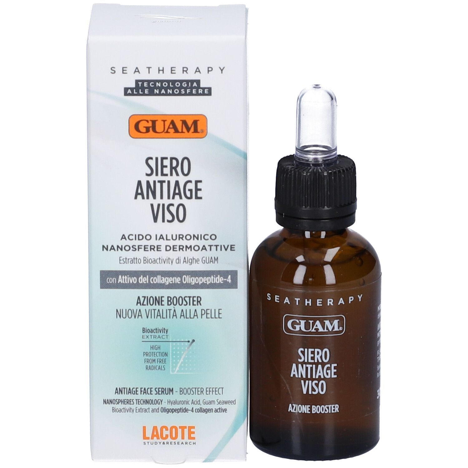 Prodotto con confezione. Flacone di vetro marrone con pipetta e scatola. Scritta: Guam Seatherapy.