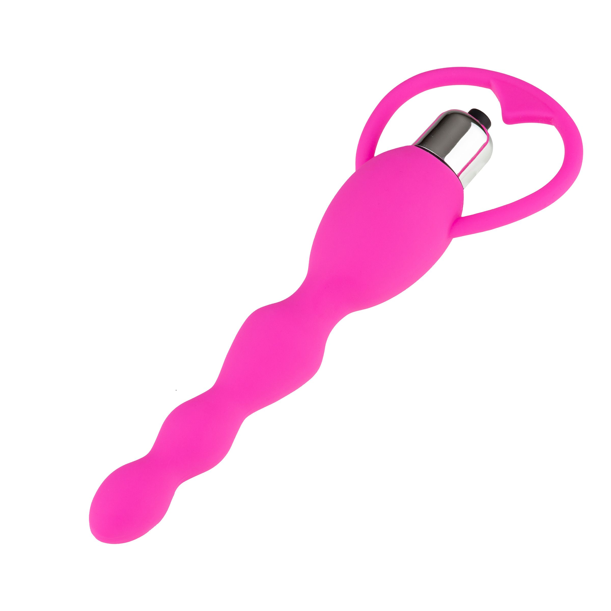 Vibratore rosa con asta ondulata e impugnatura a forma di cuore. Parte superiore con elemento argentato.