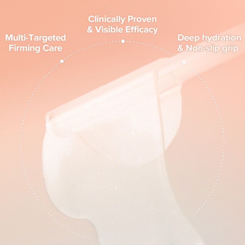 Primo piano di un patch per gli occhi. Testo: Clinically Proven & Visible Efficacy, Deep hydration & Non-Slip grip.