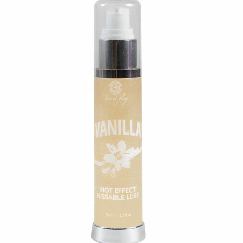 Flacone beige con tappo argentato. Scritta: VANILLA, HOT EFFECT KISSABLE LUBE. Marca: Secret Play. 50 ml.