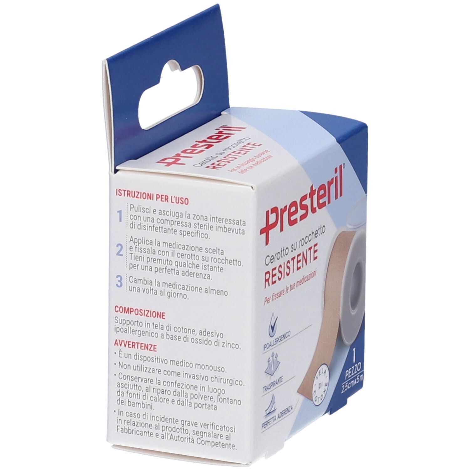 Confezione aperta di Presteril Cerotto su Rocchetto Resistente. Rotolo beige. Istruzioni e dettagli prodotto visibili.
