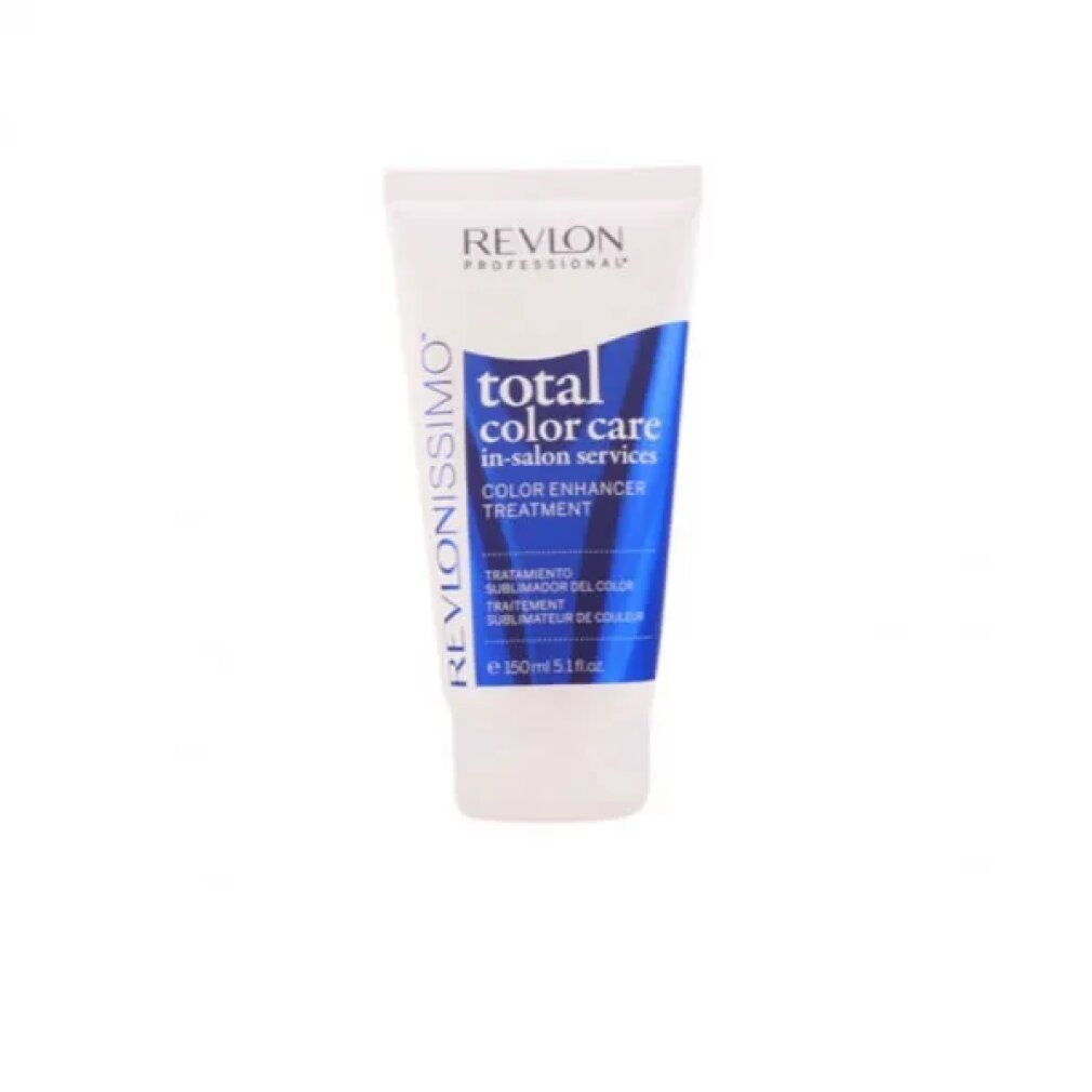 Tubo bianco con testo blu. Scritto: Revlonissimo Total Color Care Color Enhancer Treatment. Volume: 150 ml.