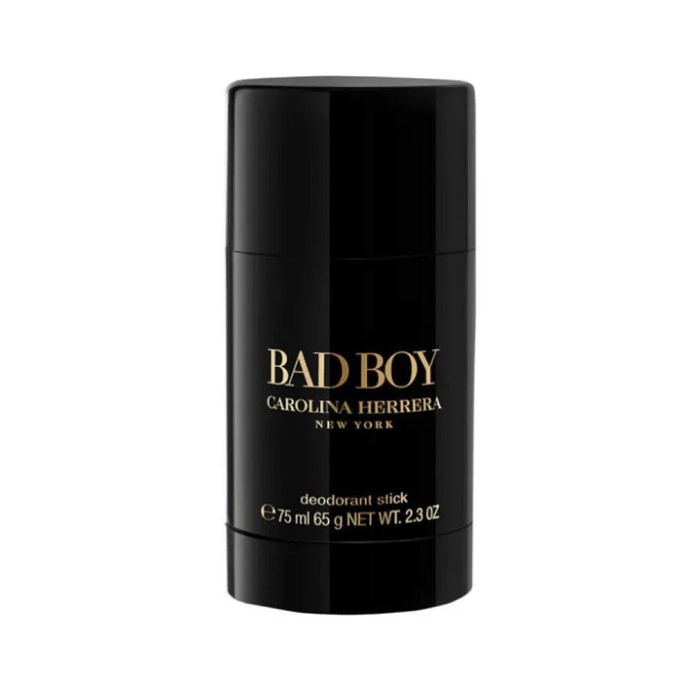Stick deodorante nero con scritta dorata BAD BOY, CAROLINA HERRERA NEW YORK. Scritta: deodorant stick.
