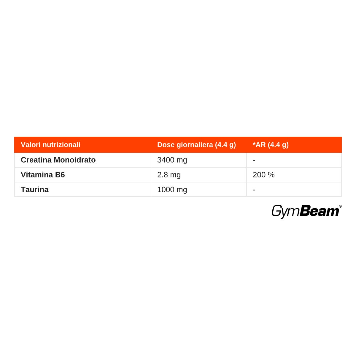 Tabella nutrizionale GymBeam Creatine Performance: Creatina Monoidrato 3400mg, Vitamina B6 2.8mg, Taurina 1000mg.