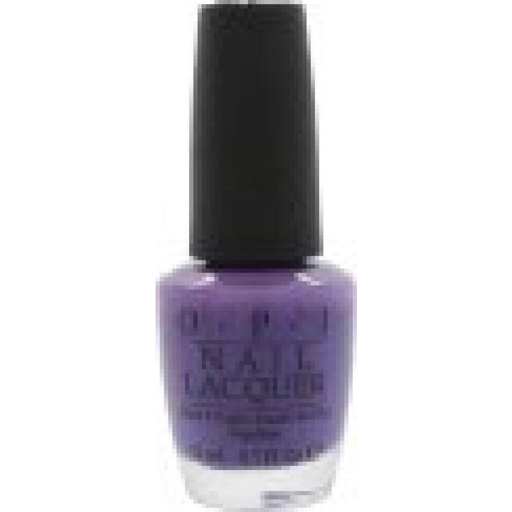 Smalto per unghie OPI, flacone viola con tappo nero. Scritta: Nail Lacquer, 15 ml.
