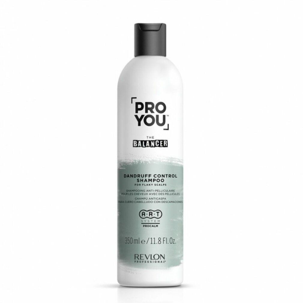 Flacone bianco con tappo nero. Scritta: PRO YOU, THE BALANCER, Shampoo anti-forfora. Revlon Professional.