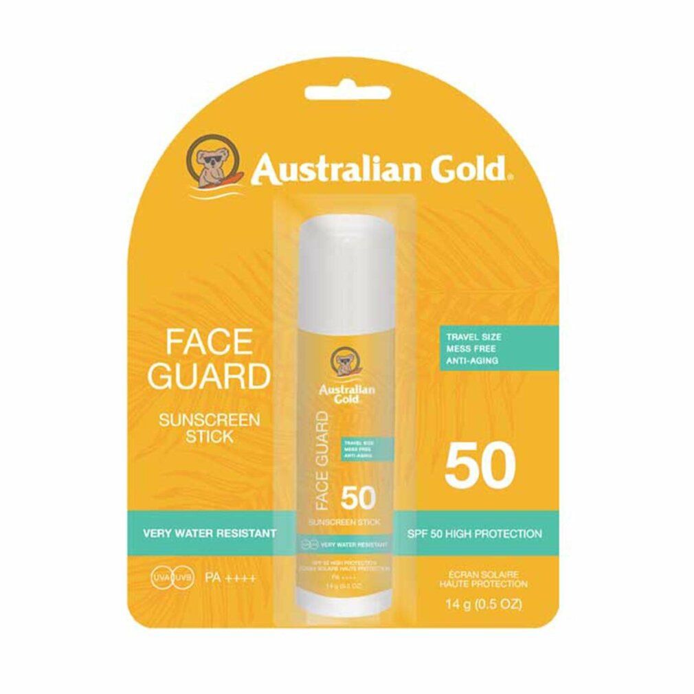 Stick solare per il viso Australian Gold in confezione. Confezione gialla e bianca, SPF 50. Scritto Face Guard e Sunscreen Stick.