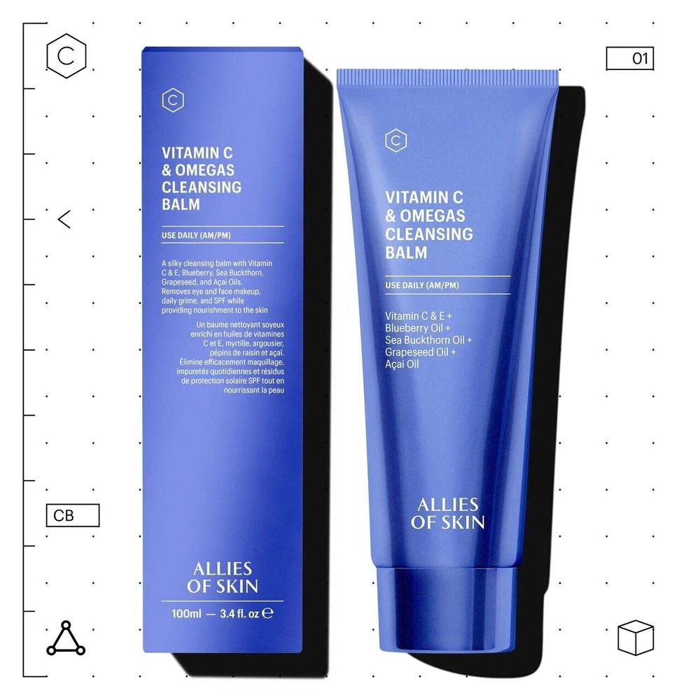 Due scatole blu e un tubo. Scritta: Vitamin C & Omegas Cleansing Balm. Marchio: ALLIES OF SKIN. 100ml - 3.4 fl. oz.