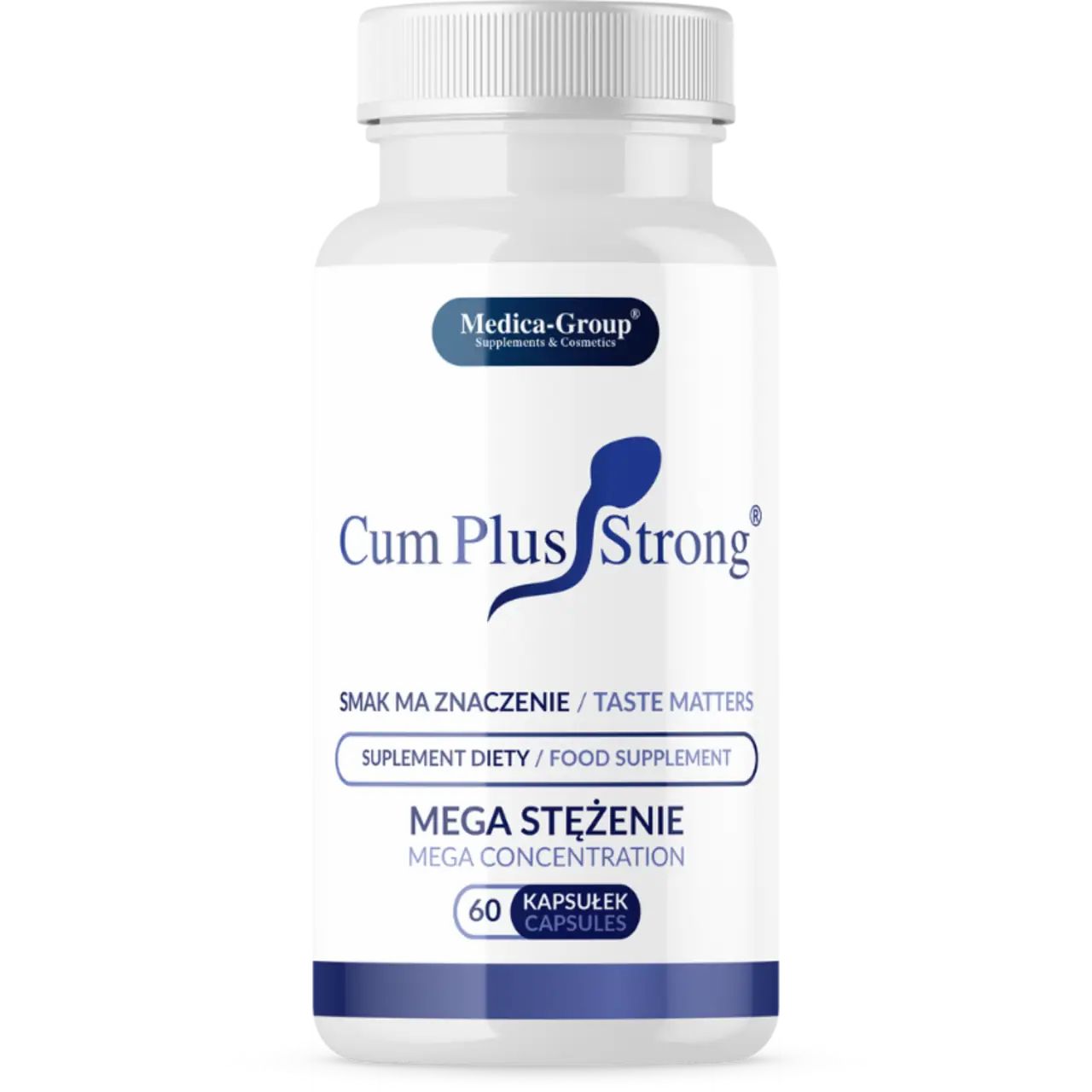 Flacone bianco con testo. Scritta: Cum Plus Strong, 60 capsule. Marchio: Medica-Group.