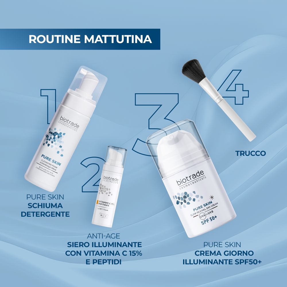 Routine mattutina con prodotti Biotrade. Schiuma detergente viso, siero, crema viso SPF50+ e pennello trucco.