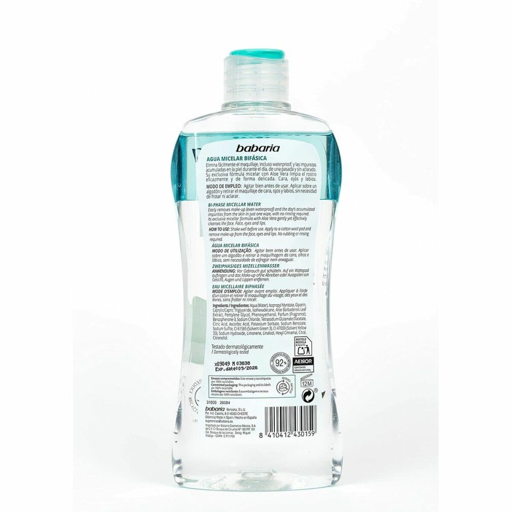 Retro del flacone Babaria Micellar Bifasica. Informazioni testuali, ingredienti, istruzioni per l'uso.