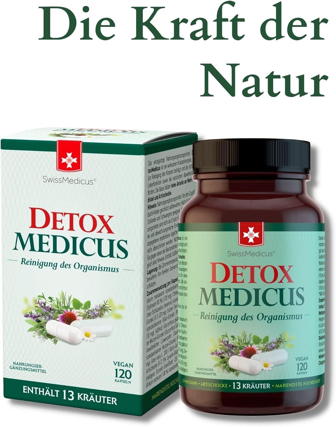 Flacone e scatola marroni con capsule. Scritta: Detox Medicus, 120 capsule, vegan. Testo: La forza della natura.