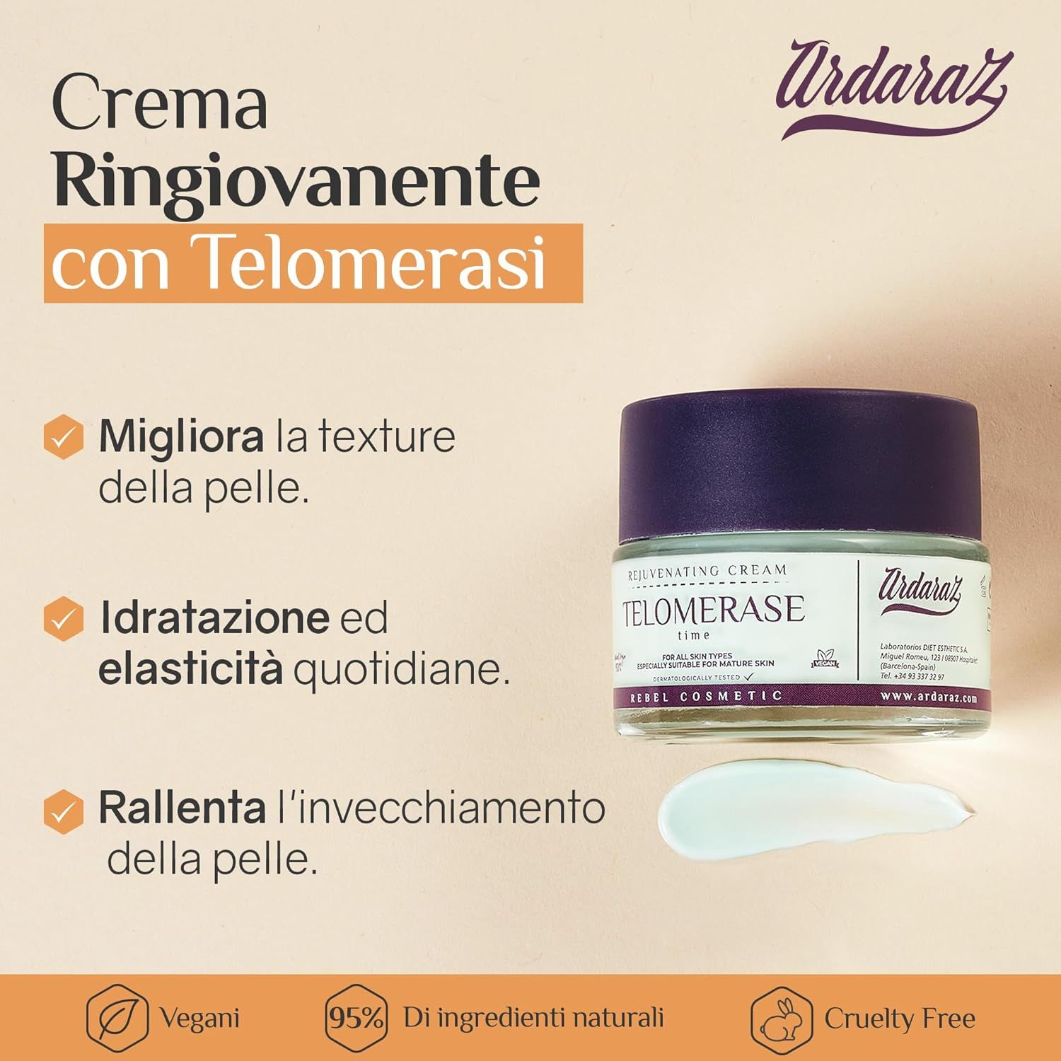 Vasetto di crema con coperchio. Scritta: TELOMERASE, REJUVENATING CREAM. Testo: Migliora la pelle. Vegan, Cruelty Free.
