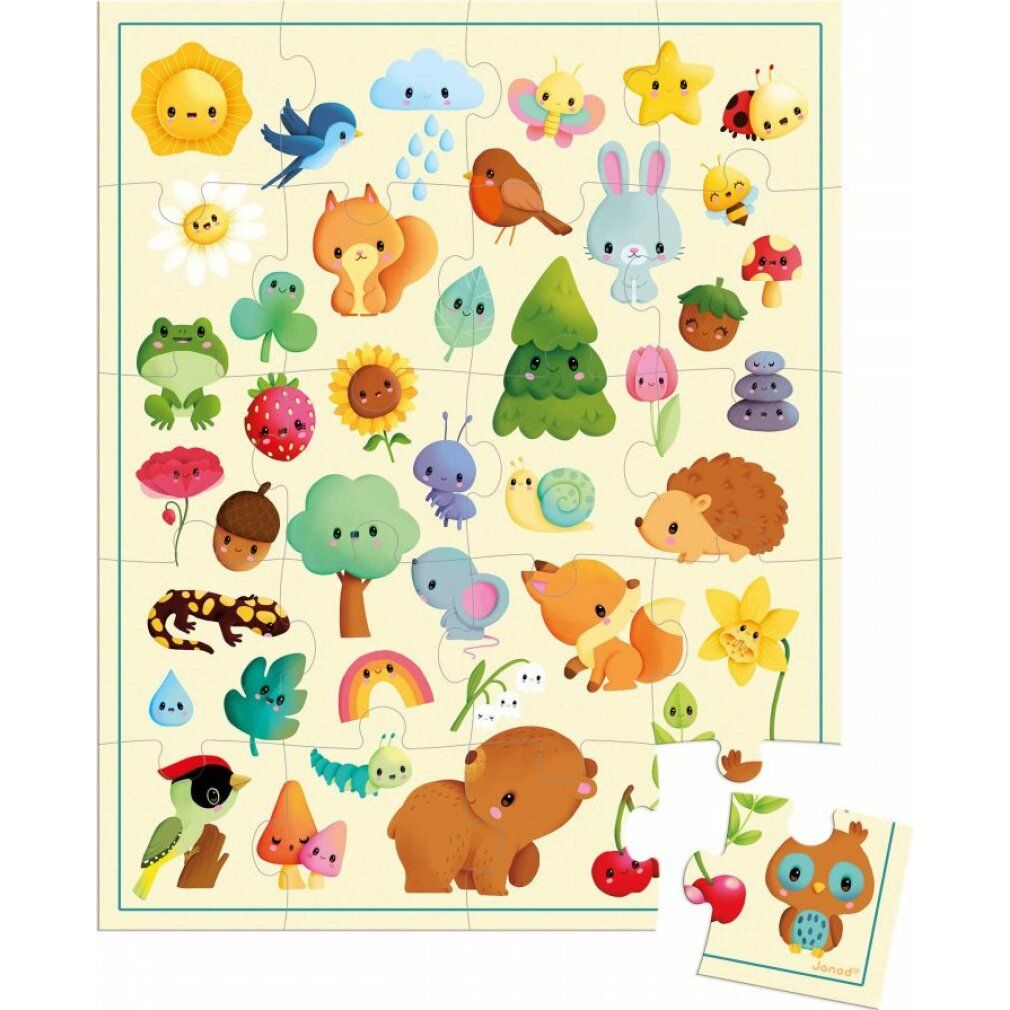 Puzzle Janod Natura, 20 pezzi. Pezzi di puzzle con motivi di animali e piante. Un pezzo accanto.