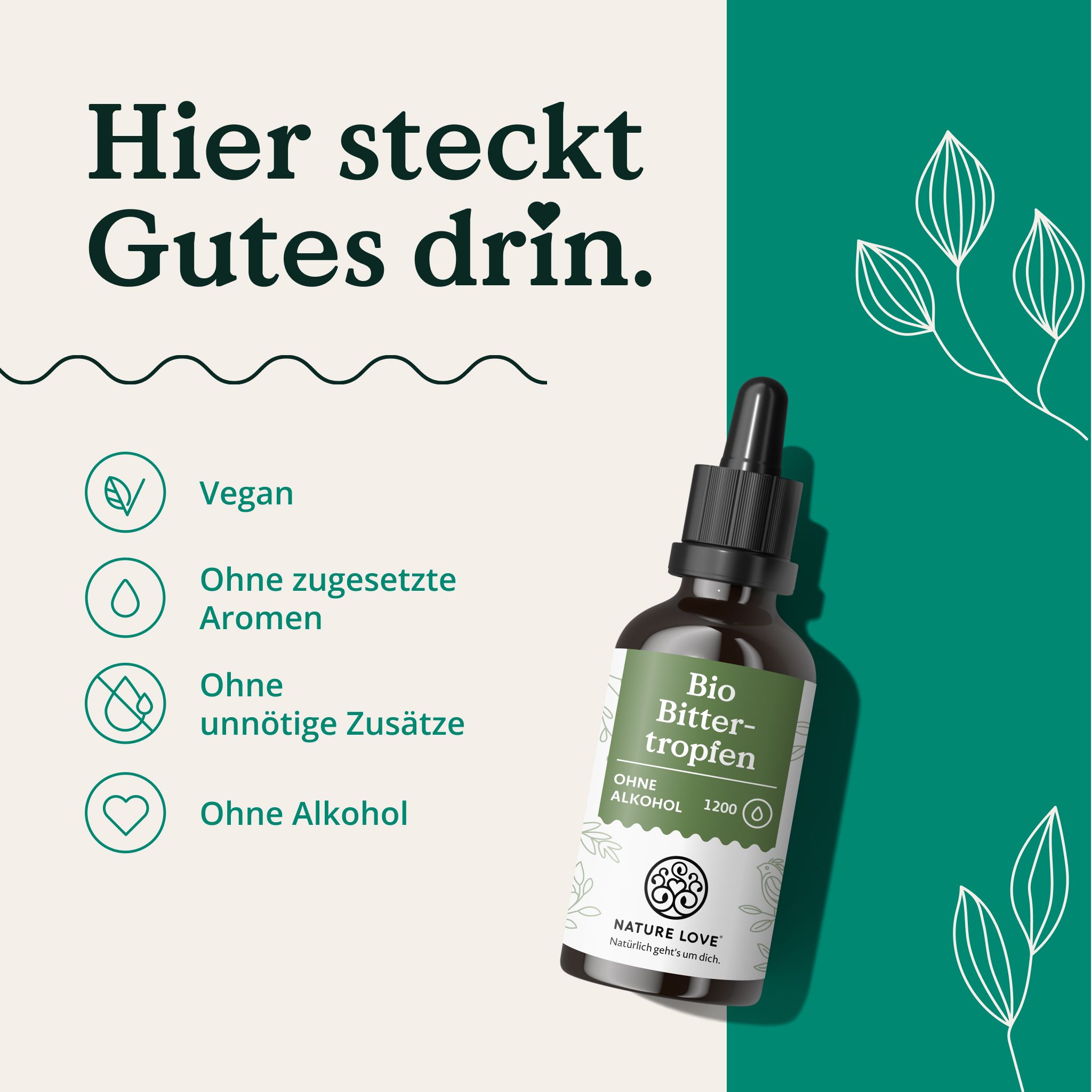 NATURE LOVE Bio Bittertropfen: Vegano, senza aromi aggiunti, senza additivi, senza alcol.