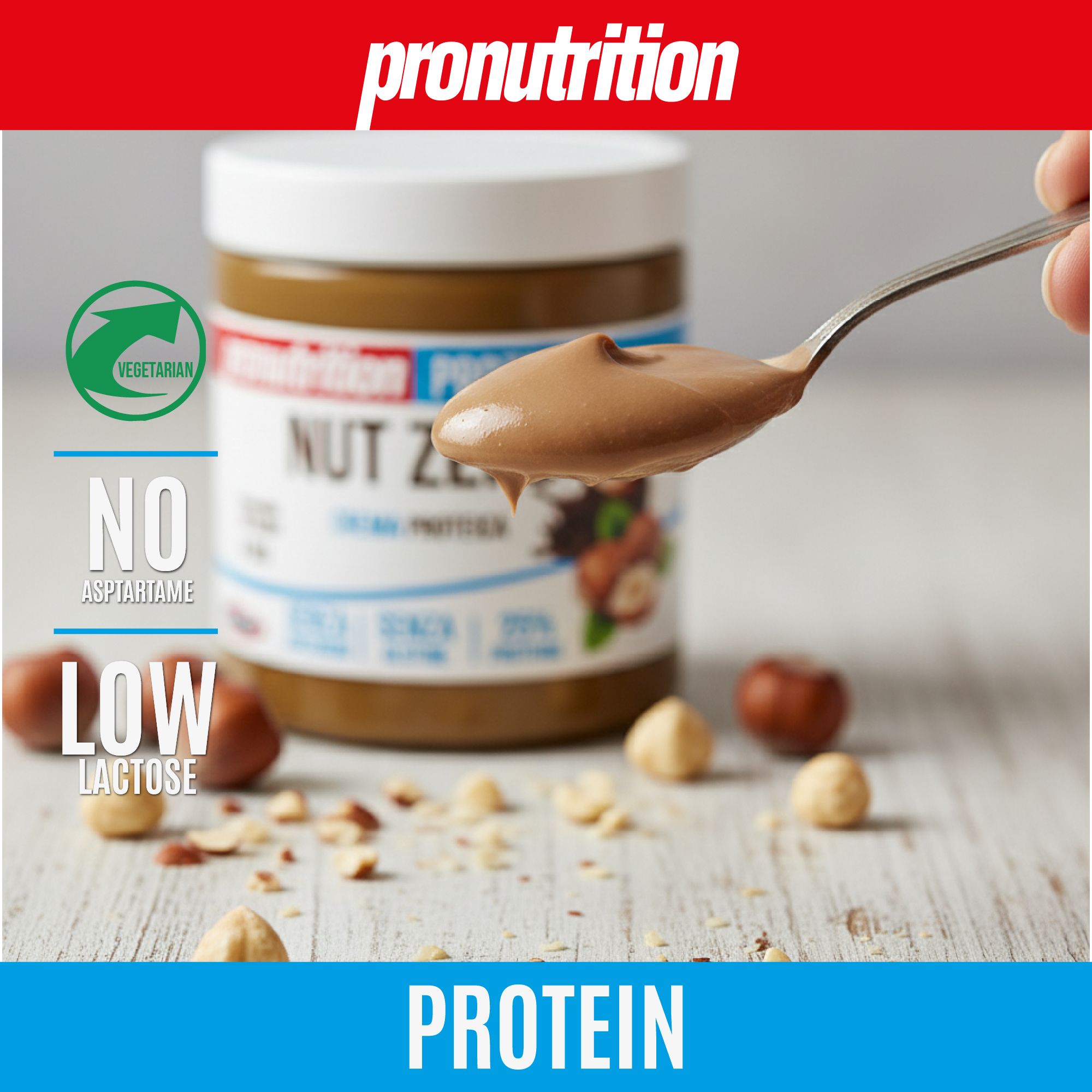 Vaso di crema proteica, cucchiaio con crema. Scritta: Nut Zero, Crema Proteica, 25% proteine, senza aspartame e a basso contenuto di lattosio. Nocciole.