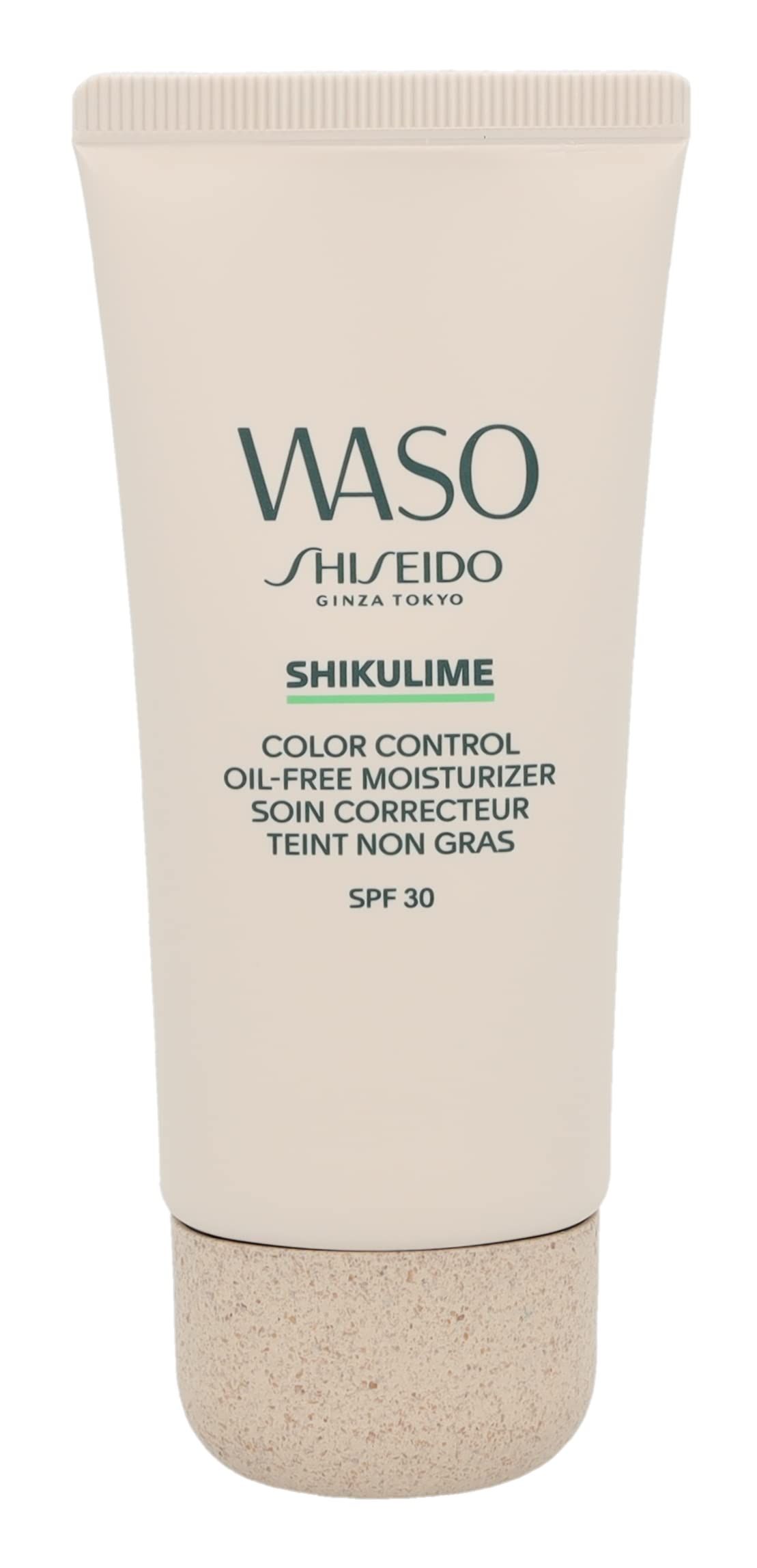 Tubo color crema con stampa verde. Testo: WASO, SHISEIDO, SHIKULIME, Color Control, Oil-Free Moisturizer, SPF 30.