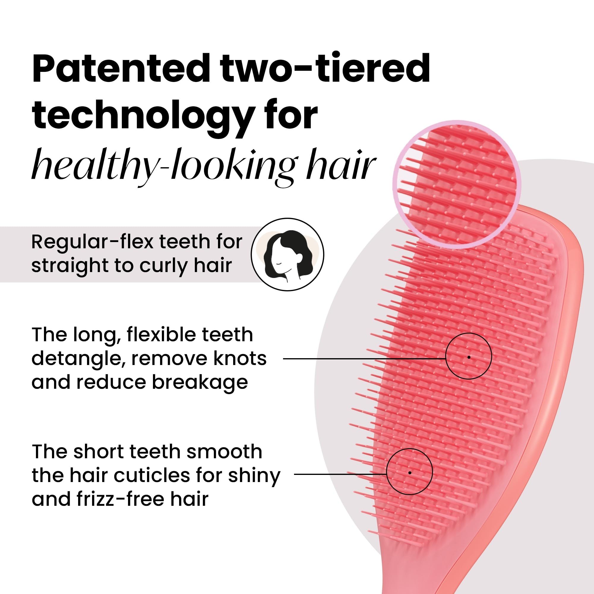 Primo piano della spazzola rosa. Due tipi di denti. Testo: Tecnologia brevettata a due livelli per capelli sani.