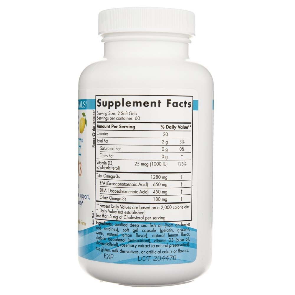 Flacone Nordic Naturals Ultimate Omega-D3 con informazioni nutrizionali.