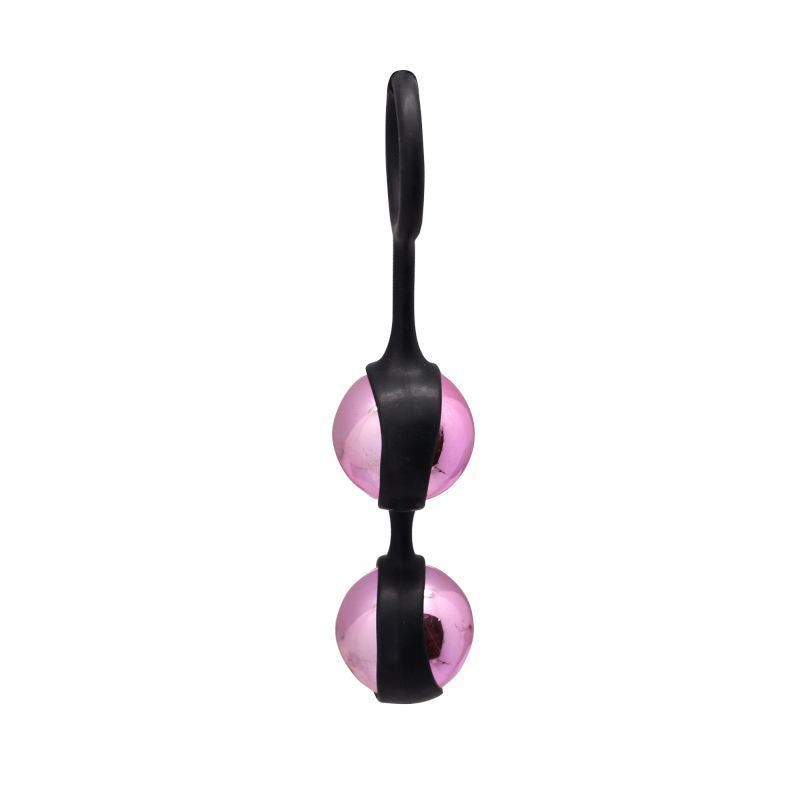 Due sfere rosa collegate con anello nero, su sfondo bianco.