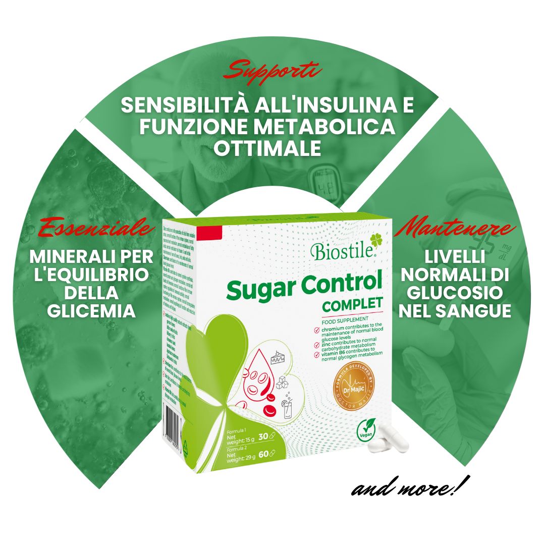 Infografica italiana su Biostile Sugar Control: ingredienti come Gymnema Sylvestre e Acido Alfa Lipoico.