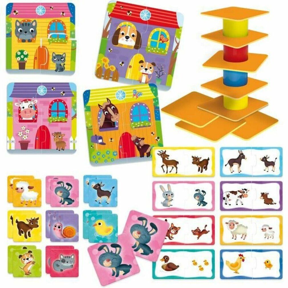 Giocattolo Carotina Baby 4 in 1. Puzzle, torre, gioco memo. Illustrazioni animali e casa. Per bambini 1-4 anni. Pezzi.