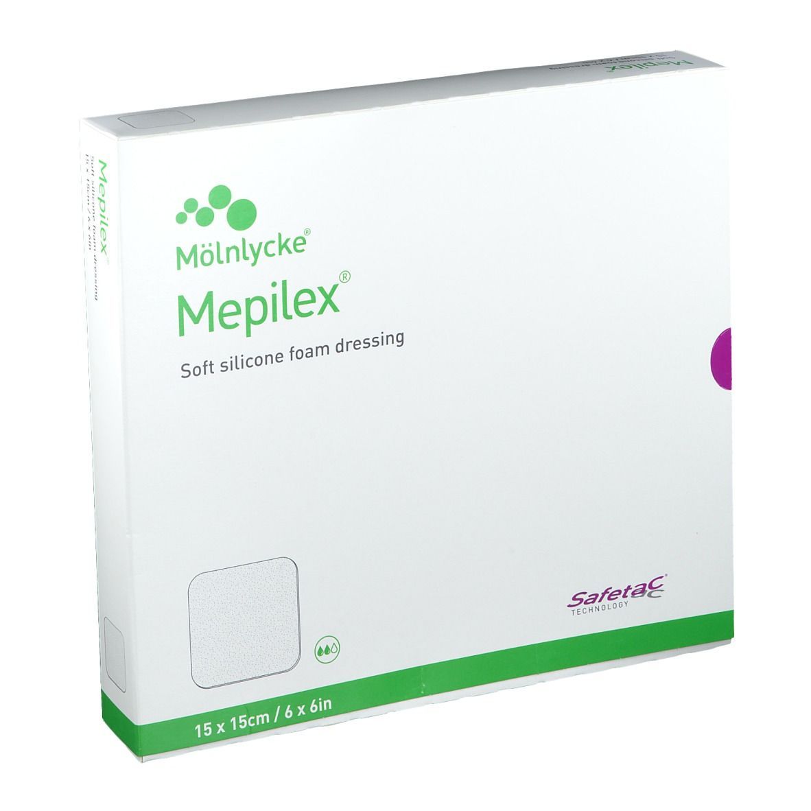 Confezione di Mepilex® 15 x 15cm. Scatola bianca con scritte verdi e viola. Dimensioni: 15 x 15cm / 6 x 6in.