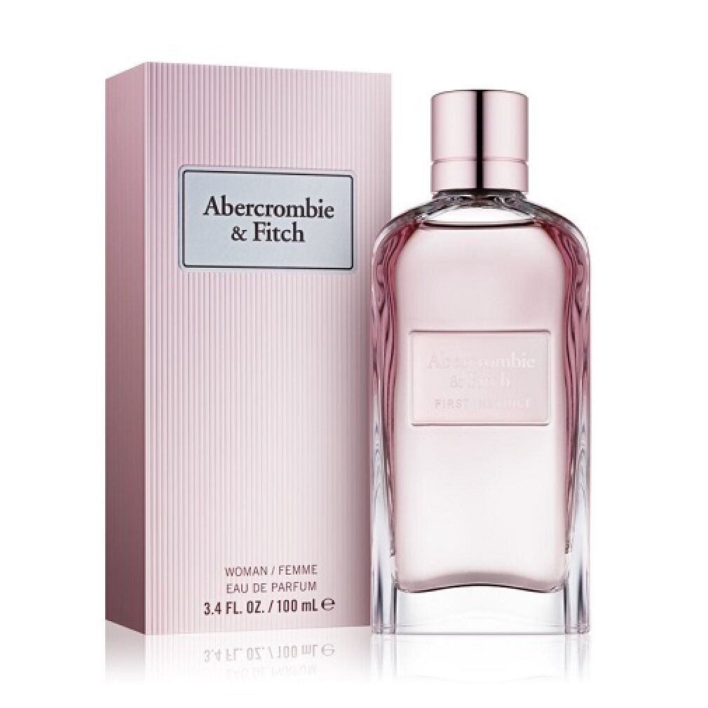 Confezione e flacone rosa. Scritta: Abercrombie & Fitch, First Instinct, Woman/Femme, Eau de Parfum.