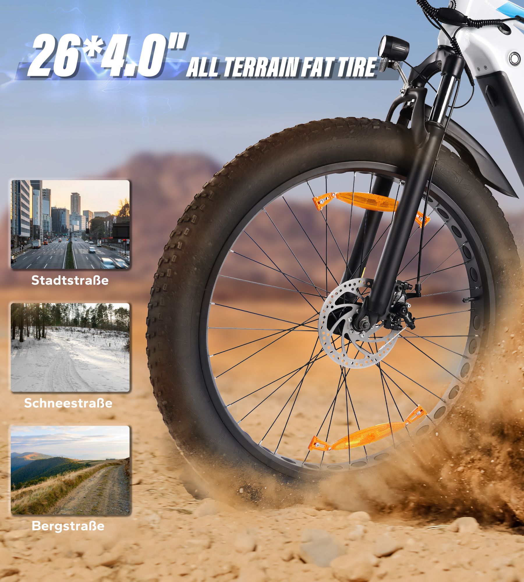 E-bike con pneumatici all-terrain 26*4.0". Rappresentazione di strade urbane, innevate e di montagna. Riflettori.