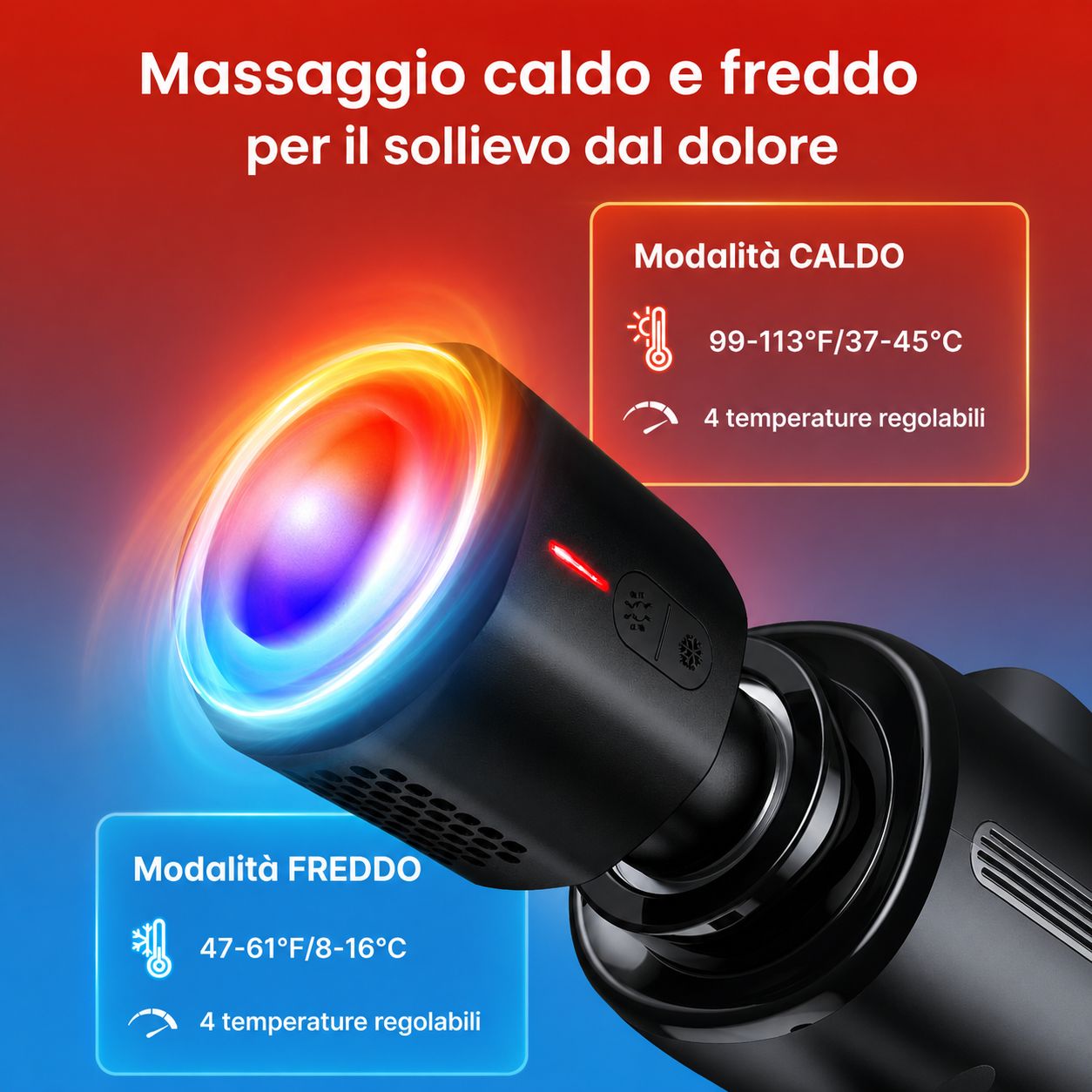 Massaggiatore nero con funzione di raffreddamento e riscaldamento. Display temperatura in Celsius e Fahrenheit. 4 impostazioni.