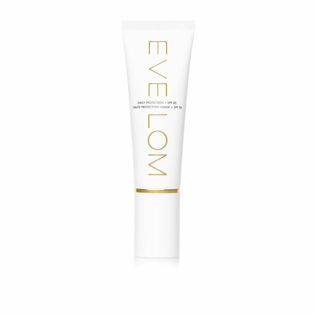 Tubo di crema bianco con scritta dorata EVE LOM. Testo: Daily Protection SPF 50. Anello dorato in basso.