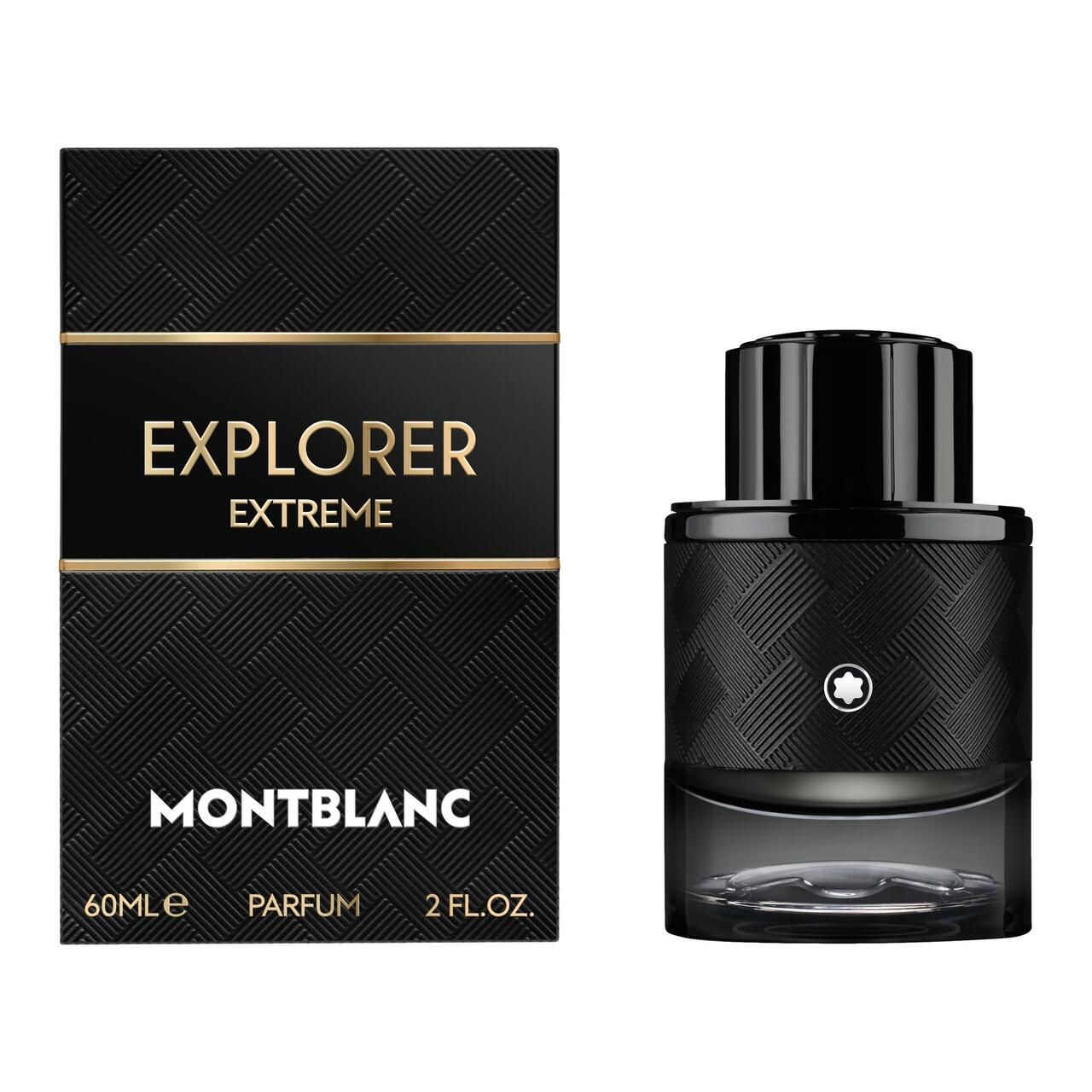 Confezione e flacone neri. Scritta EXPLORER EXTREME e MONTBLANC. 60ml, PARFUM, 2 FL.OZ.