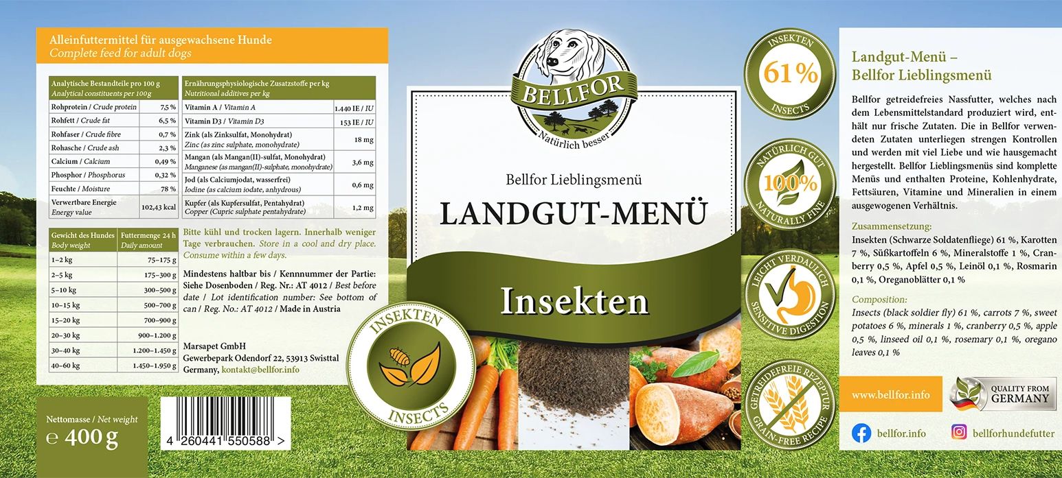Bellfor Cibo umido ipoallergenico per cani con insetti senza cereali - Menu della fattoria